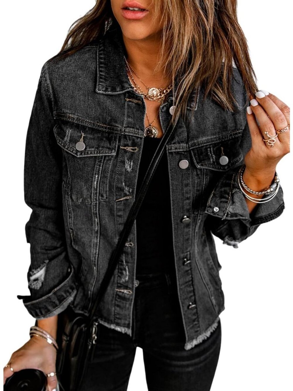 Women's Black Boyfriend Washed Crop Comfortable Denim Jean Jacket With Pockets